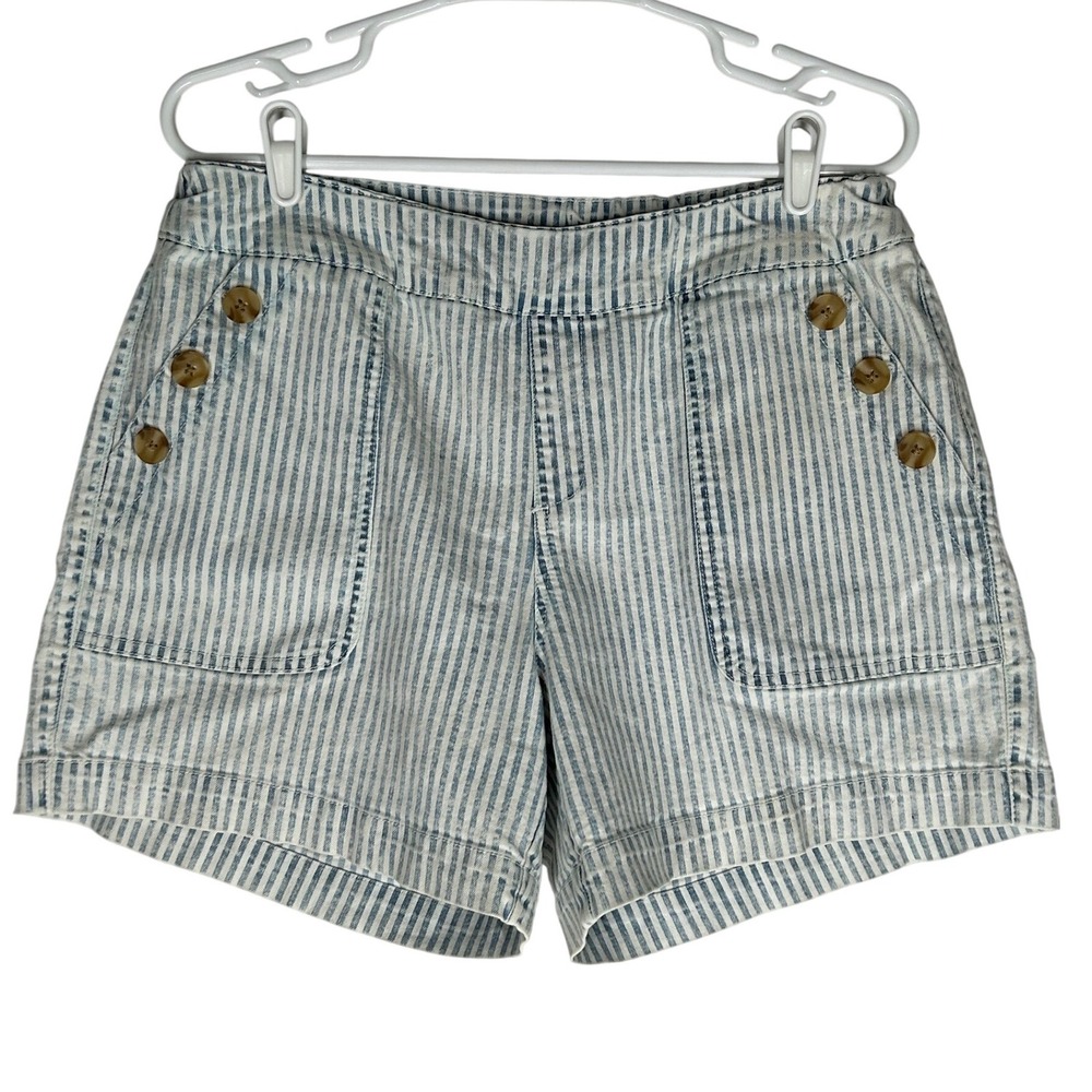 One 5 One Blue and White Striped Elastic Waist Shorts Button Accent Pockets Sz L - Picture 1 of 7